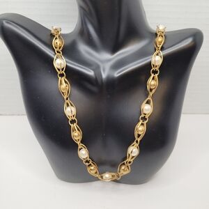 Intricate Caged Pearl and Gold Beads Vintage Necklace 30 inches RARE